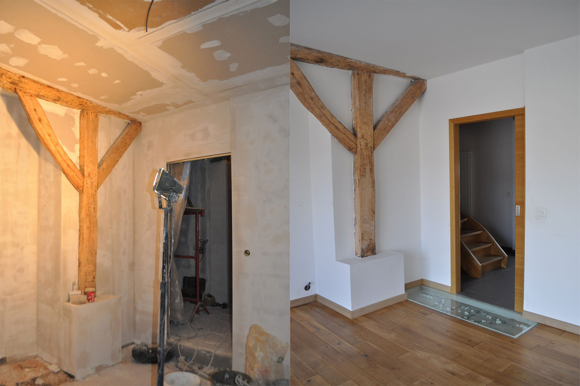 Aménagement intérieur. Présentation d'un placement de panneaux en gyproc avant après + plus le parquet et un insert en verre au pied d'une porte